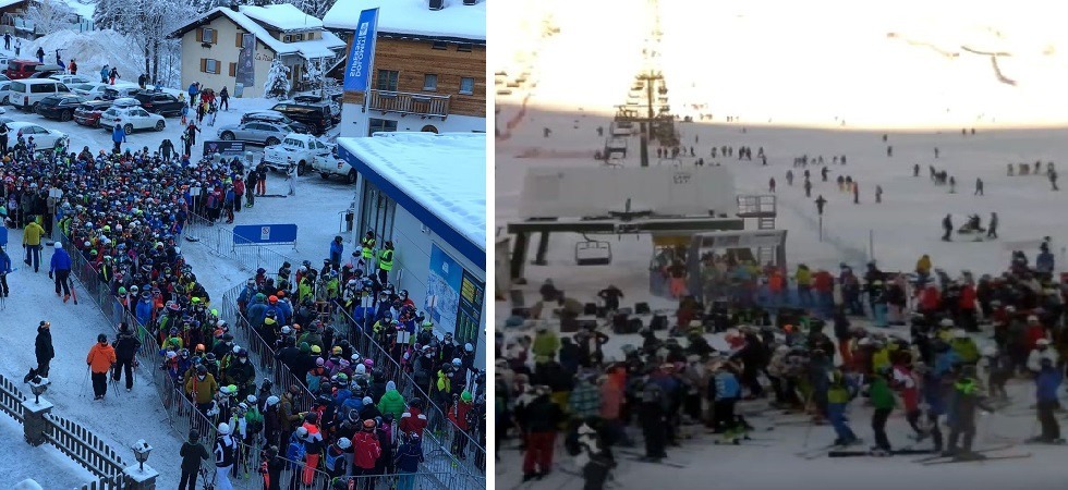 Foto (sx) tratta dal gruppo Fb "val badia che passione!" Dalla val Badia al Passo del Tonale code agli impianti sciistici: alto il numero di contagi, ma le piste si riempiono